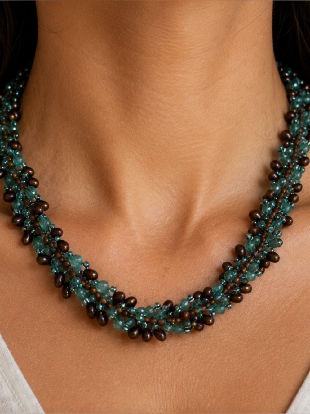 Beaded Necklace | Teal Blue & Bronze Seed Bead Statement Necklace | Boho Artisan